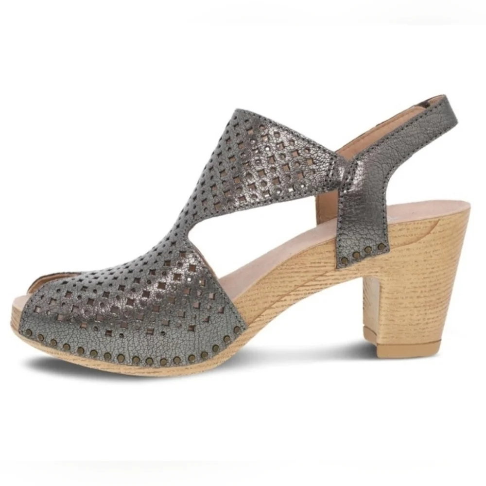NEW Dansko Teagan Leather Peep Toe Heeled‎ Sandals Gunmetal 38 US 7.5-8